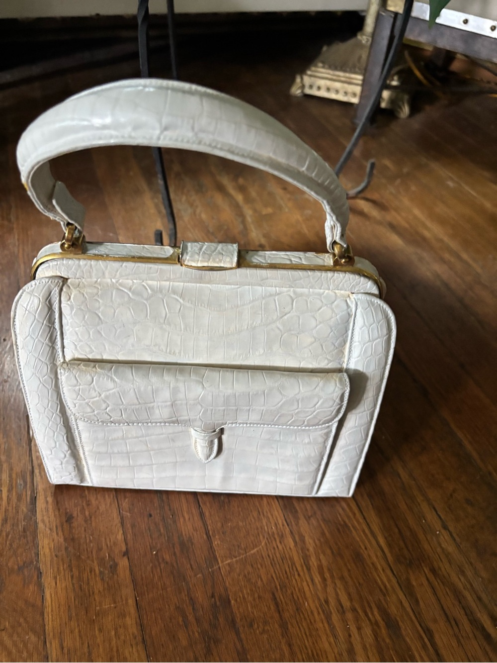 Croc-Embossed Cream Top-Handle Satchel Lucille De Paris